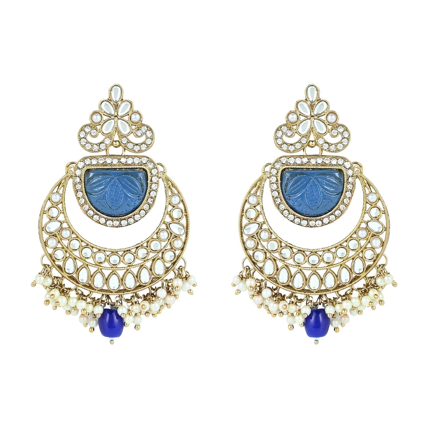 Gold-Polished Traditional Pearl Kundan & Stone Studded Jewellery Necklace Set with Maang Tikka for Women - Wahe Jewels - Swadesiicart