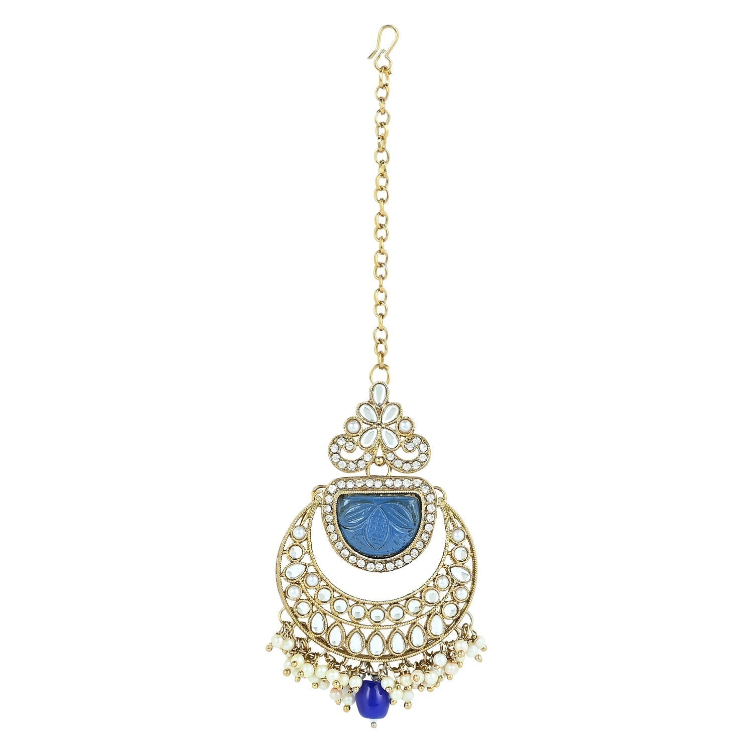 Gold-Polished Traditional Pearl Kundan & Stone Studded Jewellery Necklace Set with Maang Tikka for Women - Wahe Jewels - Swadesiicart
