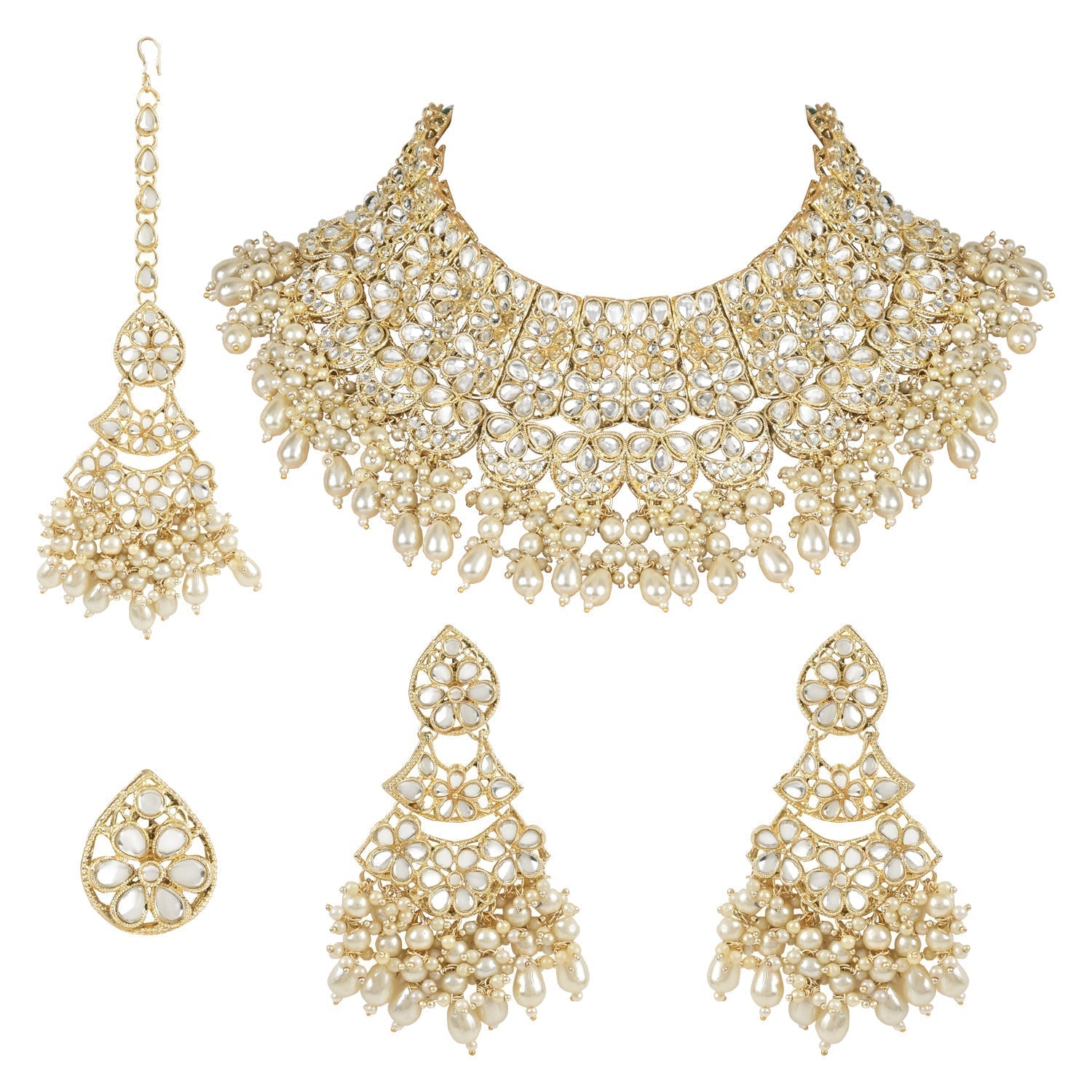 Gold-Polished Traditional Pearl Kundan Studded Floral Bridal Choker Necklace With Earring Maang Tikka & Finger Ring Set For Women And Girls - Wahe Jewels Noz2Toz