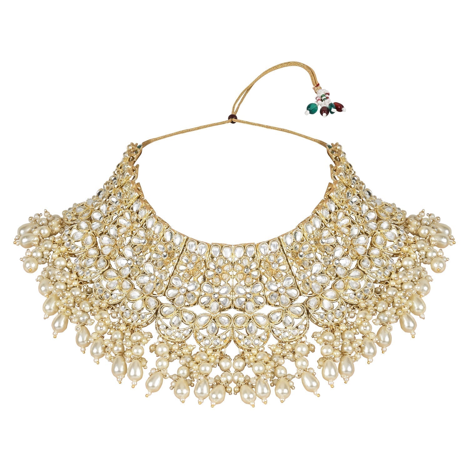 Gold-Polished Traditional Pearl Kundan Studded Floral Bridal Choker Necklace With Earring Maang Tikka & Finger Ring Set For Women And Girls - Wahe Jewels Noz2Toz