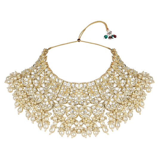 Gold-Polished Traditional Pearl Kundan Studded Floral Bridal Choker Necklace With Earring Maang Tikka & Finger Ring Set For Women And Girls - Wahe Jewels Noz2Toz