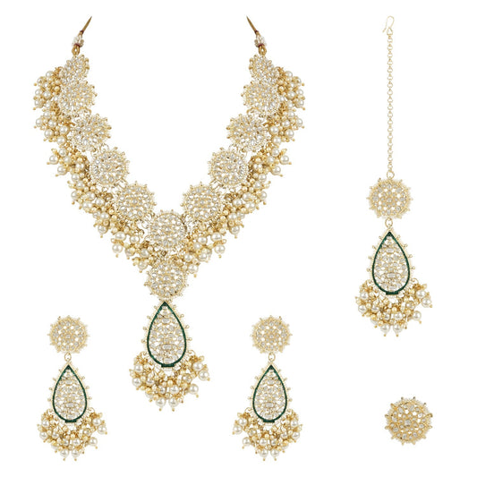 Gold-Polished Traditional Pearl Kundan Meenakari Floral Necklace With Earring Maang Tikka & Finger Ring Set For Women And Girls - Wahe Jewels Noz2Toz