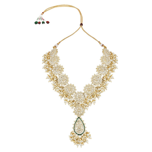 Gold-Polished Traditional Pearl Kundan Meenakari Floral Necklace With Earring Maang Tikka & Finger Ring Set For Women And Girls - Wahe Jewels Noz2Toz