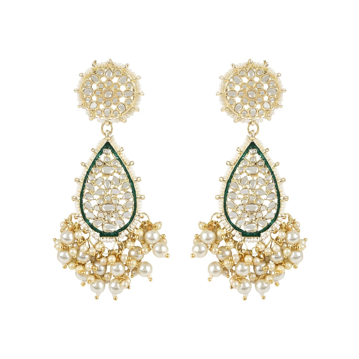 Gold-Polished Traditional Pearl Kundan Meenakari Floral Necklace With Earring Maang Tikka & Finger Ring Set For Women And Girls - Wahe Jewels - Swadesiicart