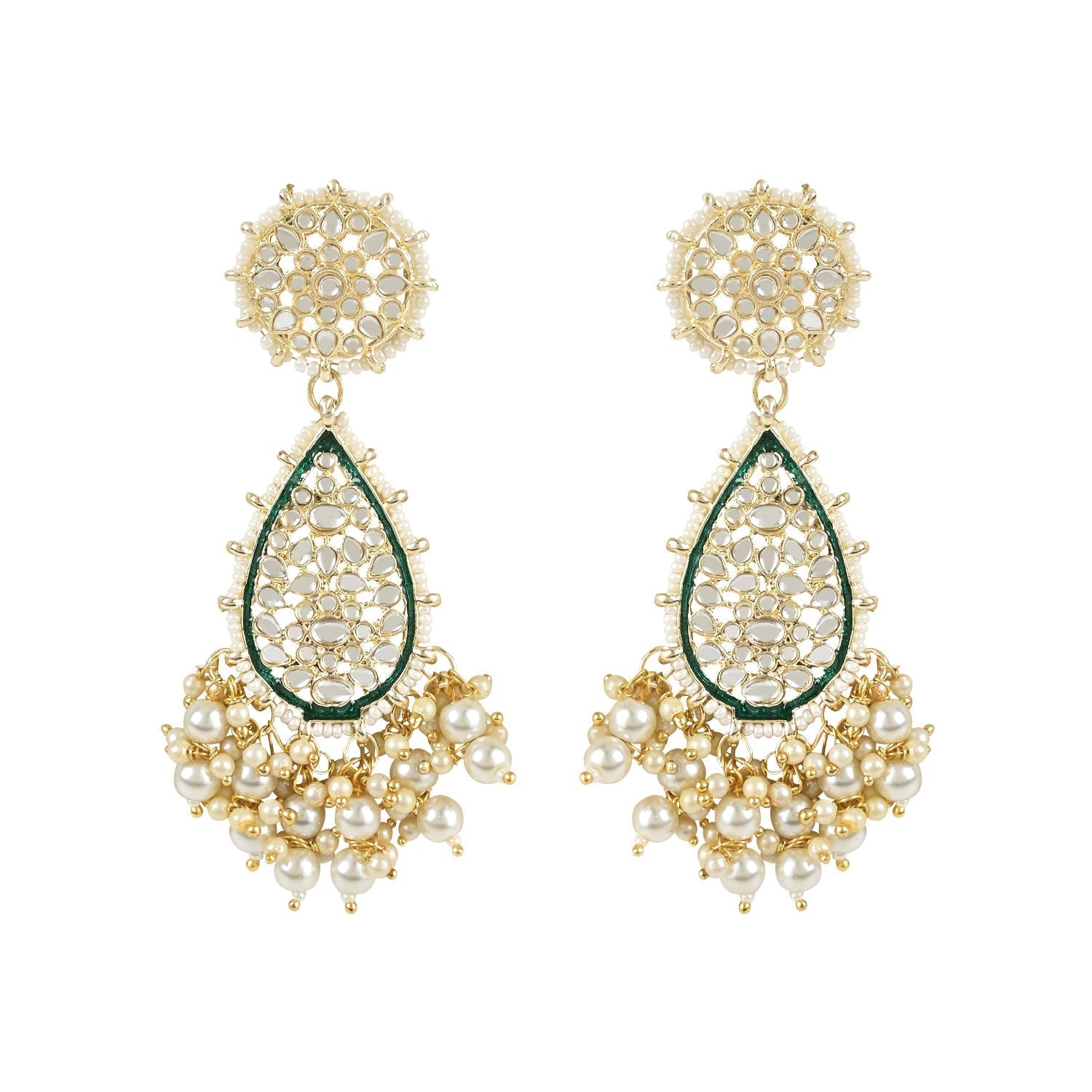 Gold-Polished Traditional Pearl Kundan Meenakari Floral Necklace With Earring Maang Tikka & Finger Ring Set For Women And Girls - Wahe Jewels Noz2Toz