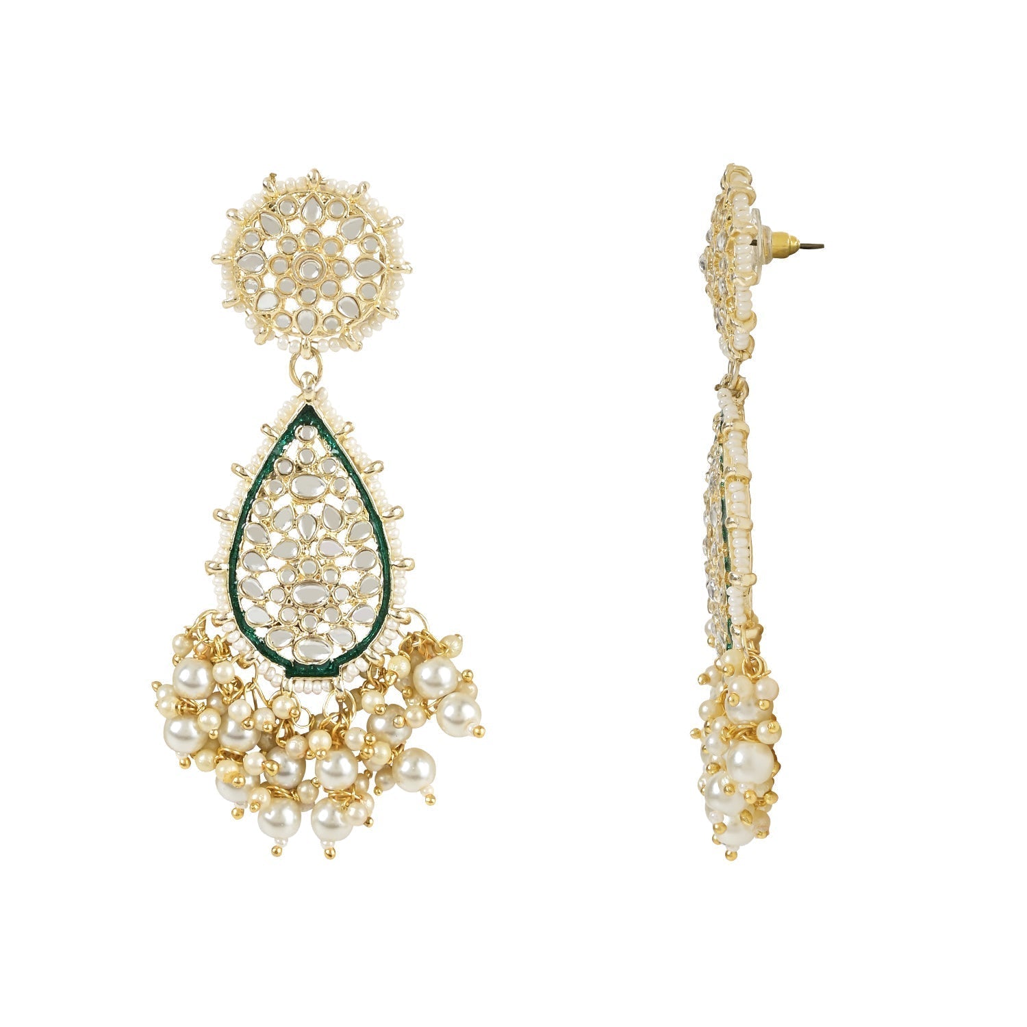 Gold-Polished Traditional Pearl Kundan Meenakari Floral Necklace With Earring Maang Tikka & Finger Ring Set For Women And Girls - Wahe Jewels Noz2Toz