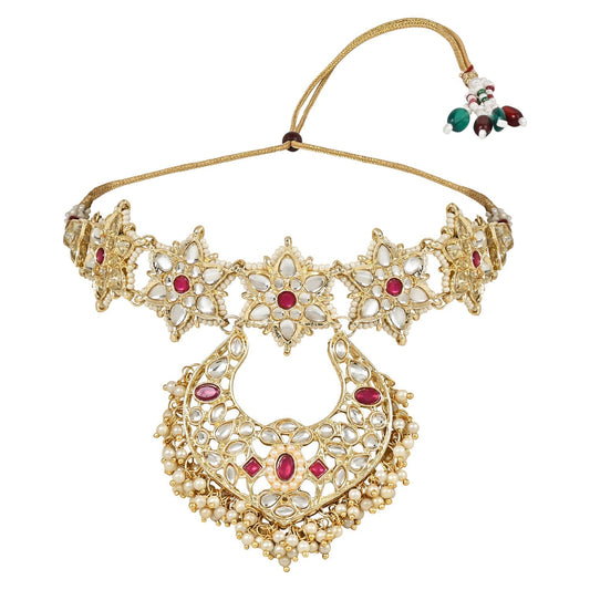 Gold-Polished Traditional Handcrafted Stone Studded Pearl Choker Necklace Jewellery Set With Earrings & Finger ring For Women And Girls - Wahe Jewels Noz2Toz