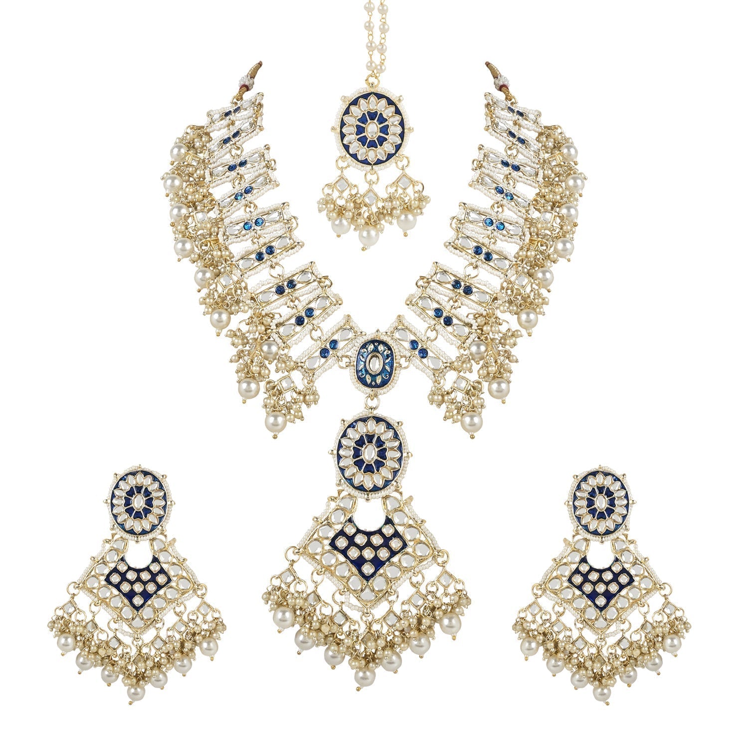 Gold-Polished Traditional Pearl Kundan Studded Meenakari Necklace With Earring Maang Tikka Set For Women And Girls - Wahe Jewels - Swadesiicart
