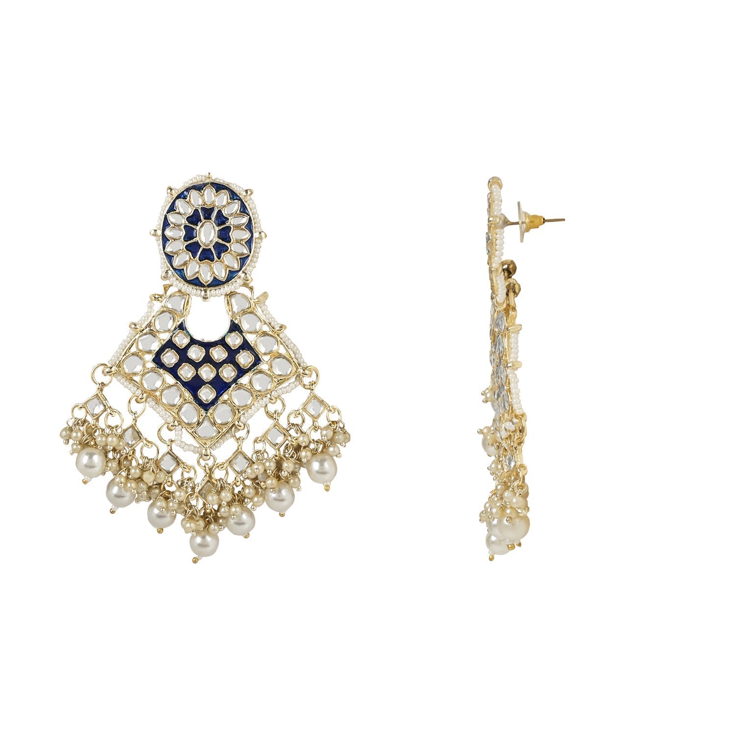 Gold-Polished Traditional Pearl Kundan Studded Meenakari Necklace With Earring Maang Tikka Set For Women And Girls - Wahe Jewels Noz2Toz