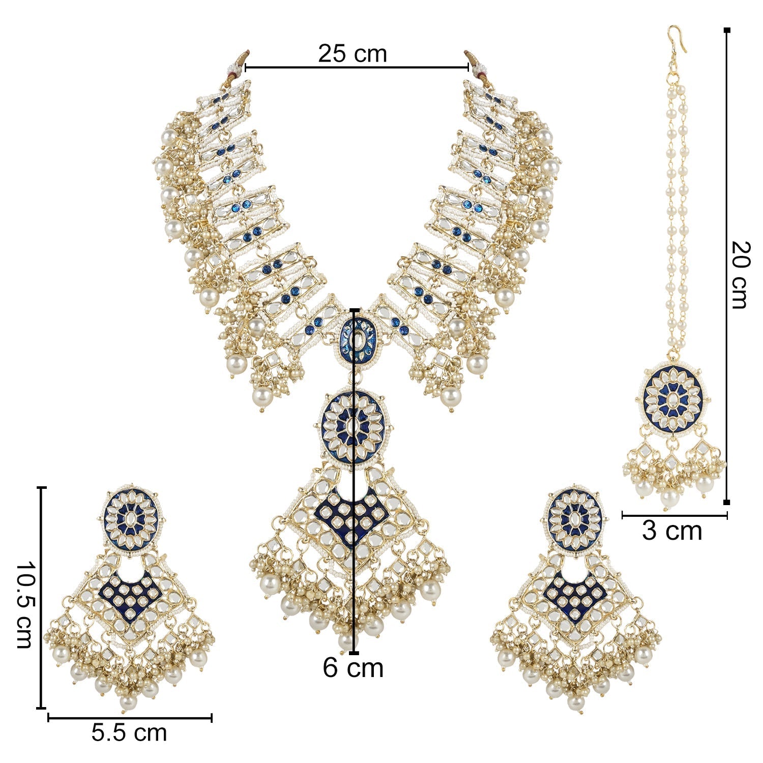 Gold-Polished Traditional Pearl Kundan Studded Meenakari Necklace With Earring Maang Tikka Set For Women And Girls - Wahe Jewels Noz2Toz