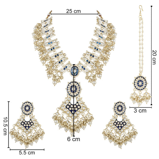 Gold-Polished Traditional Pearl Kundan Studded Meenakari Necklace With Earring Maang Tikka Set For Women And Girls - Wahe Jewels Noz2Toz