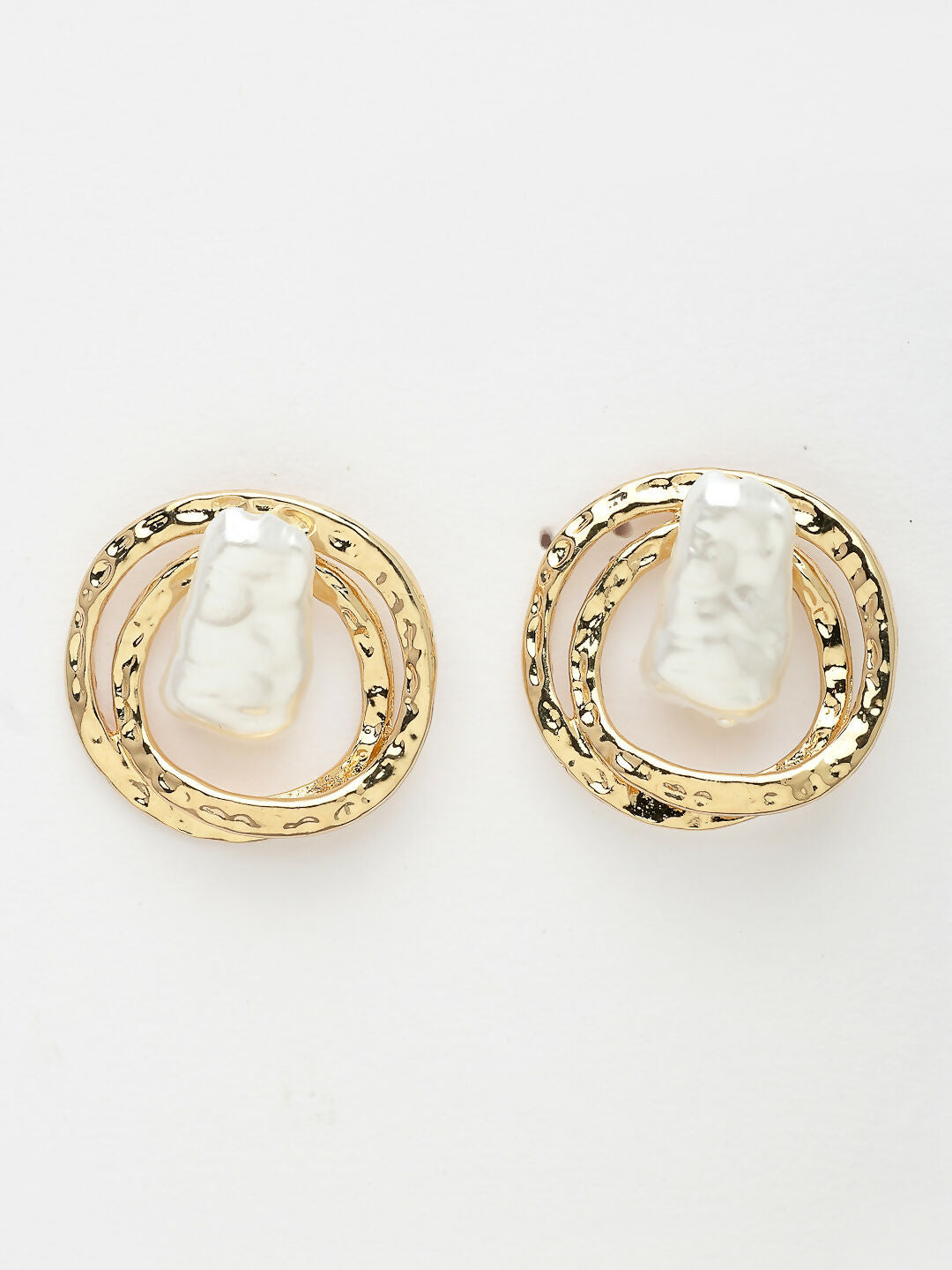 NVR Women's White & Gold-Polished Circular Shape Studs Earring 