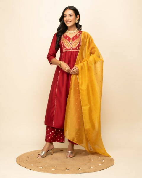 FIORRA Women's Red Silk Blend A-Line Kurta Palazzo Set With Dupatta 