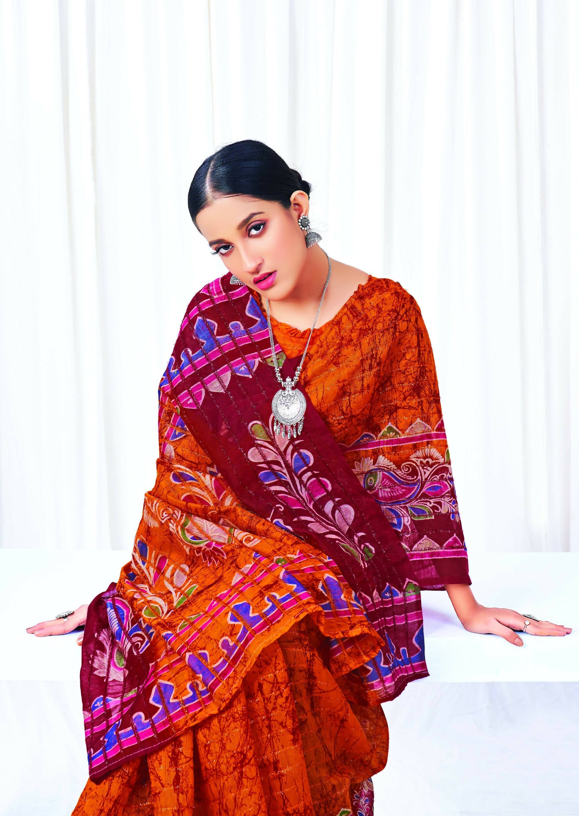 Orange Chanderi Cotton Floral Printed Saree With Unstitched Blouse Piece - Kathika