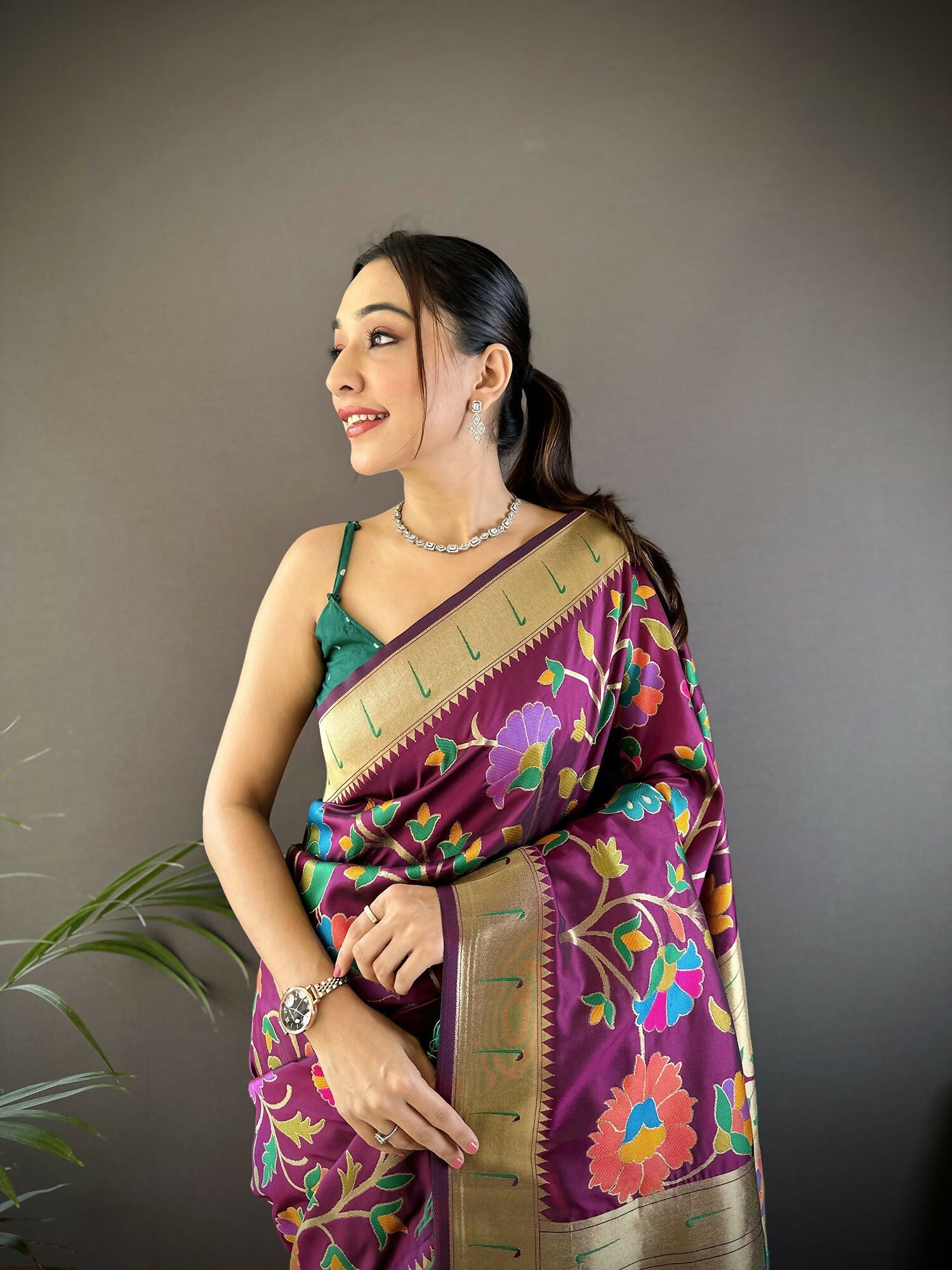 Joban Fashion Wine Zari Woven Floral Motifs Soft Silk Paithani Silk Saree