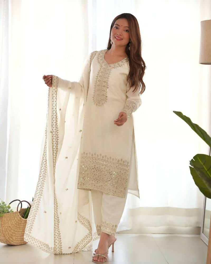 Joban Fashion White Kurta Set Silk Sequence Embroidery Work 