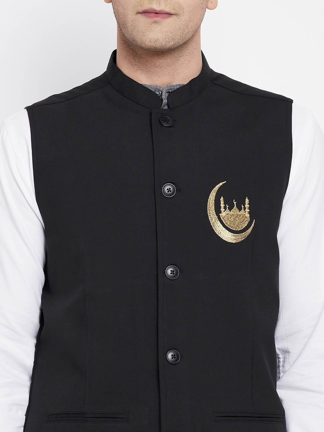 Even Apparels Black Pure Cotton Nehru Jacket With Eid Insignia NJ-PW668-CHA 