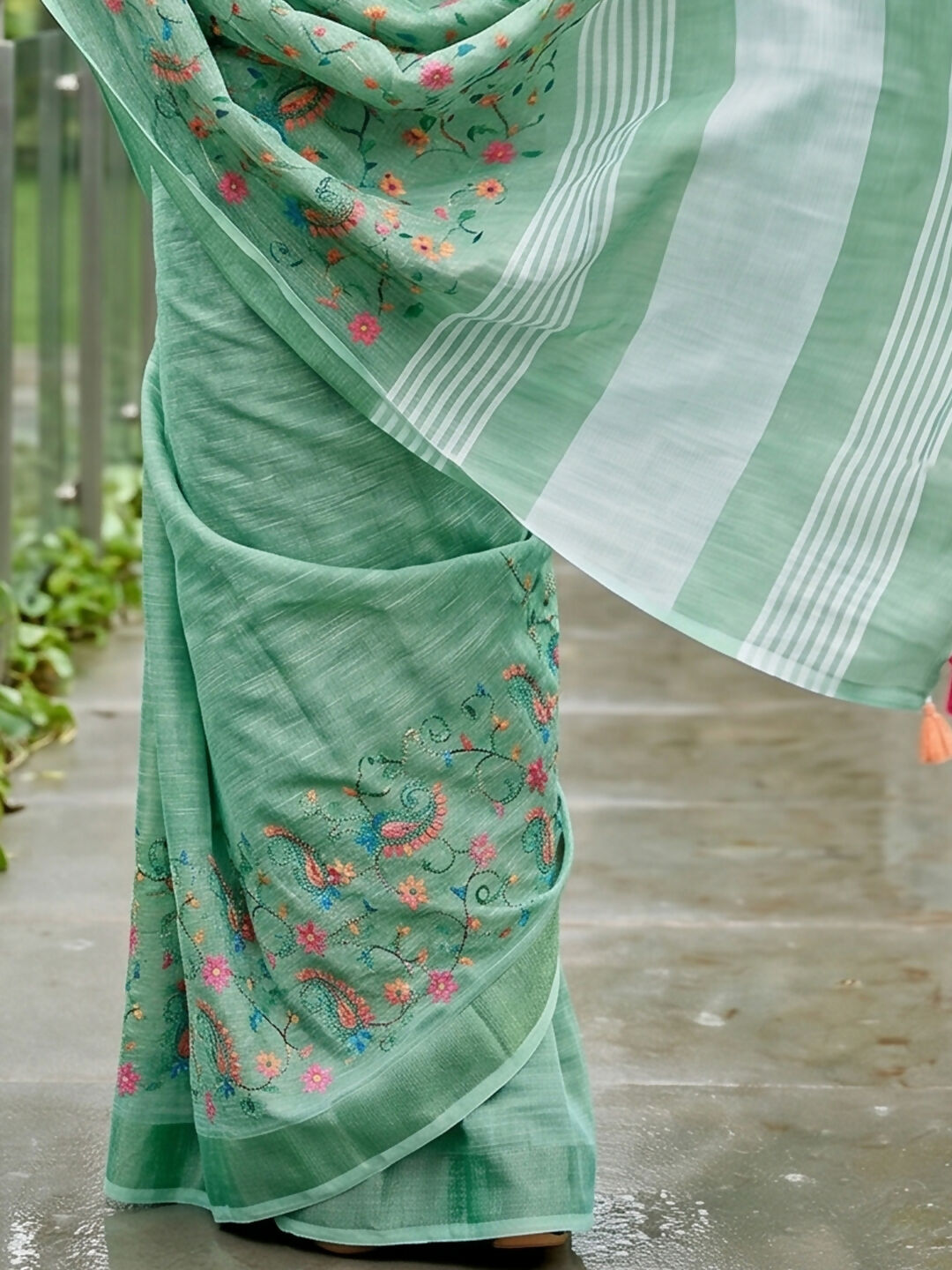 Shree Shyam Fashion Sea Green Linen Saree
