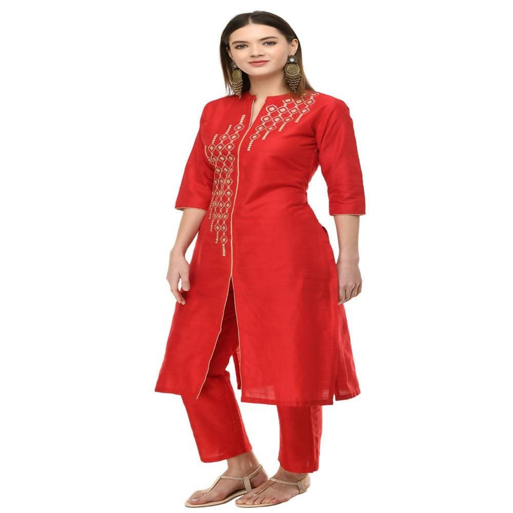 Lagi Women's Red Poly silk Straight Embroidred Kurta Pant (RO115B) 