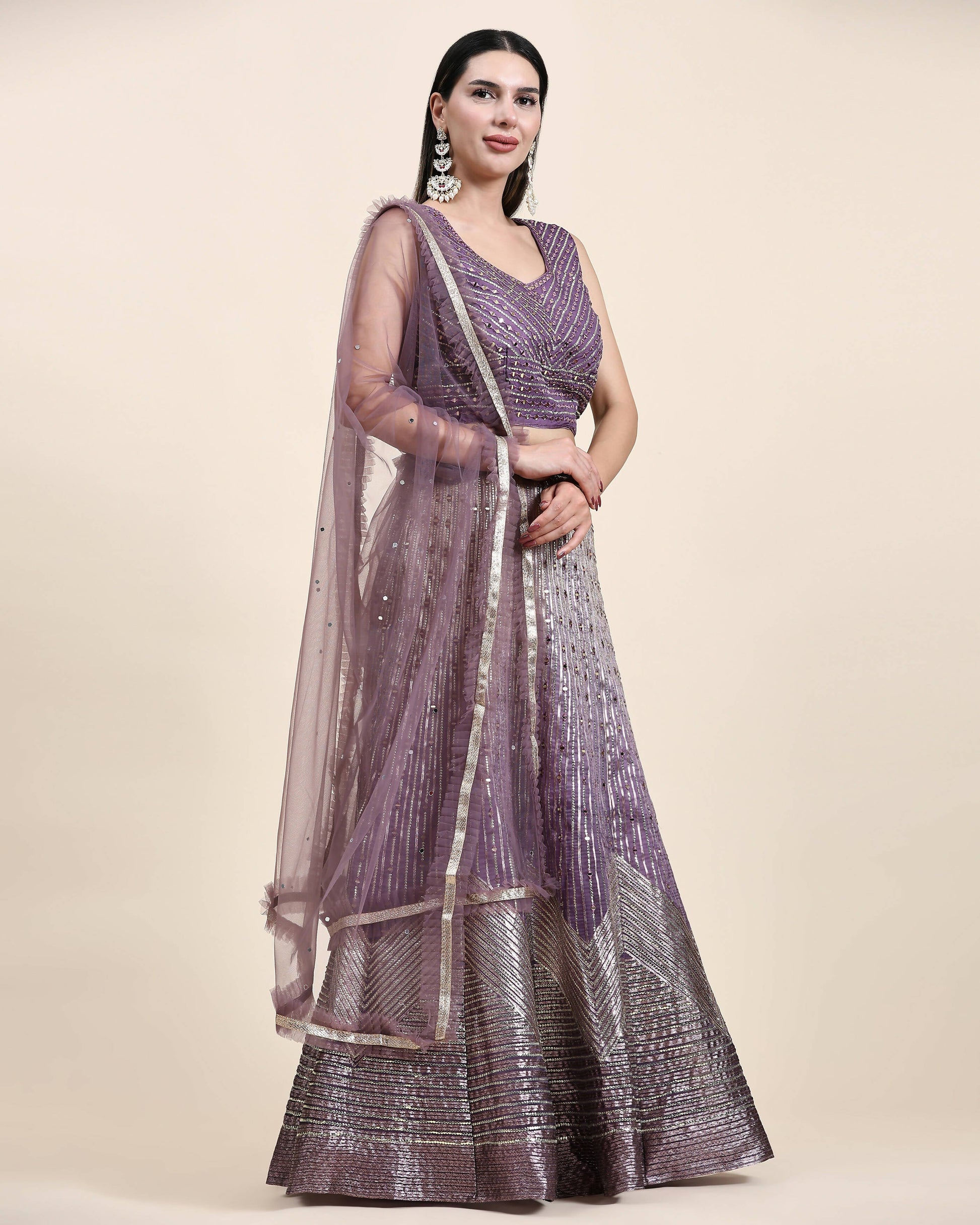 Lavender Organza Mirror With Coding Work Lehenga Choli with Dupatta - Tanya