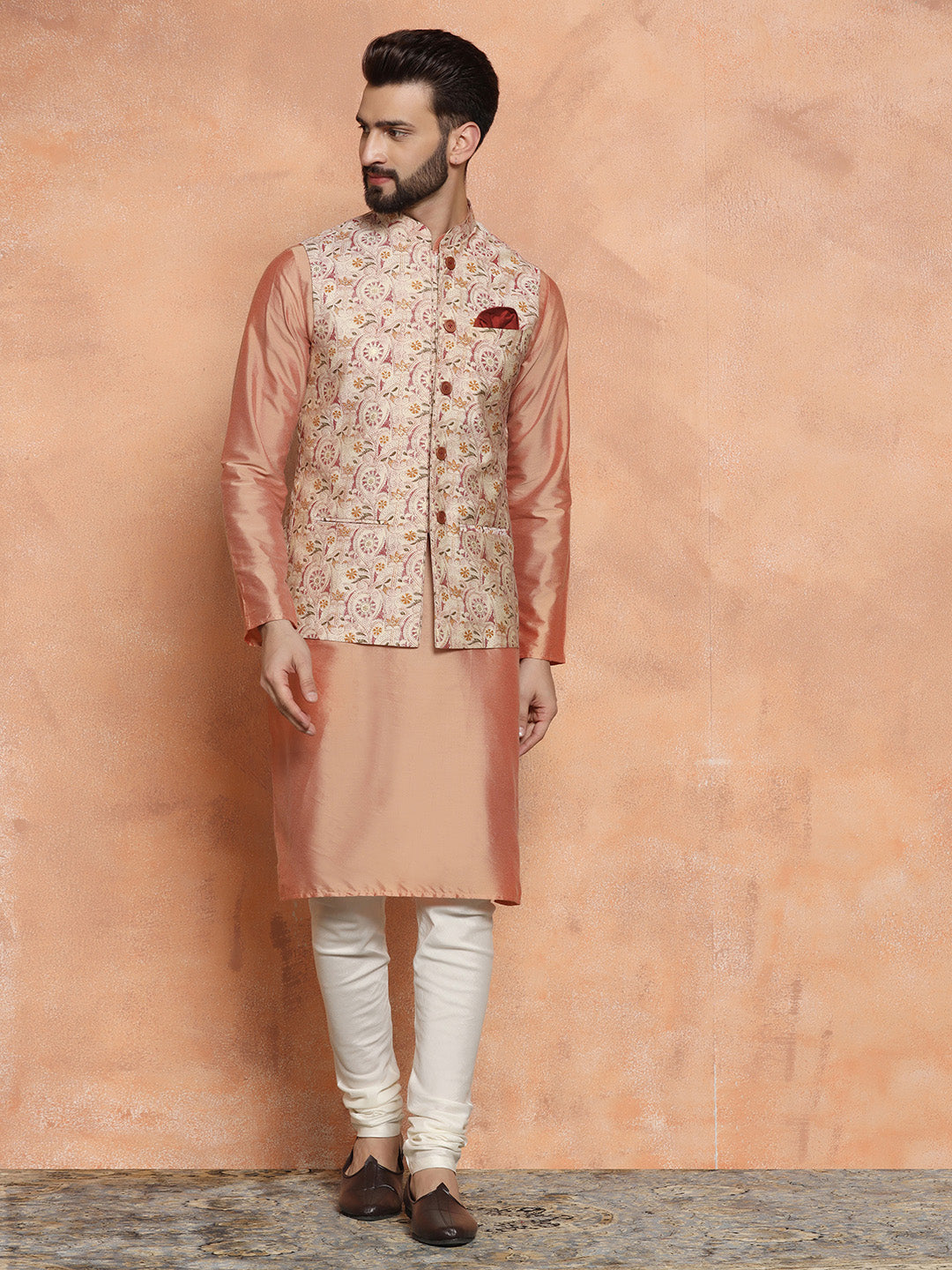 Kisah Men's Multi-Coloured Printed Kurta Jacket with Churidar Set 