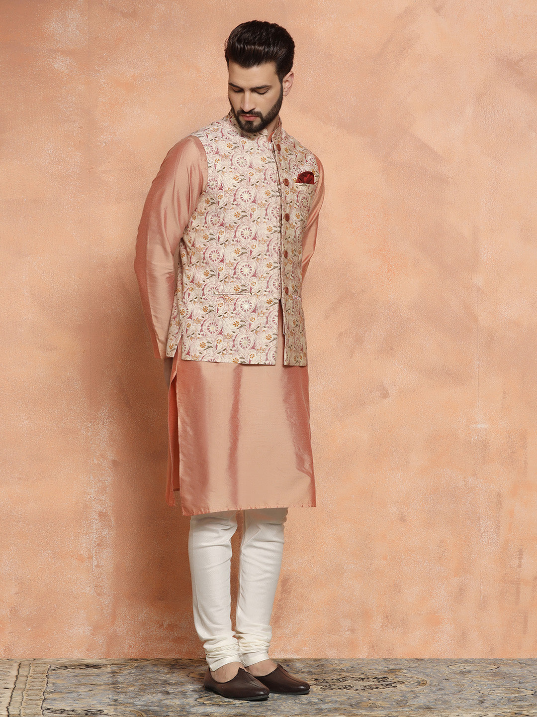 Kisah Men's Multi-Coloured Printed Kurta Jacket with Churidar Set 