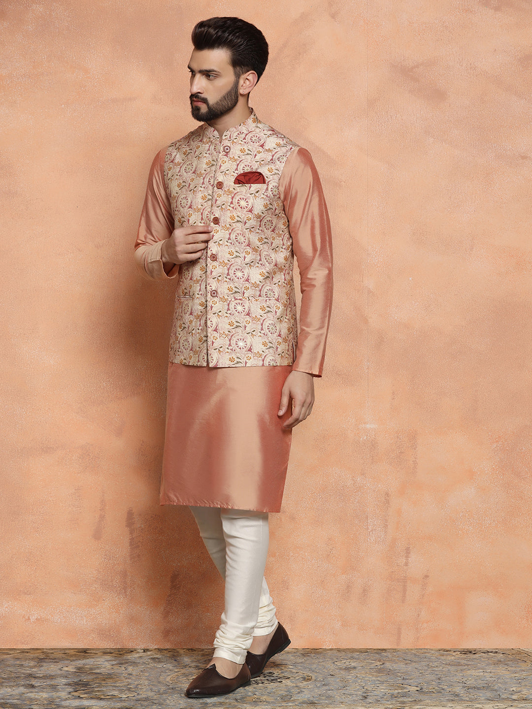 Kisah Men's Multi-Coloured Printed Kurta Jacket with Churidar Set 