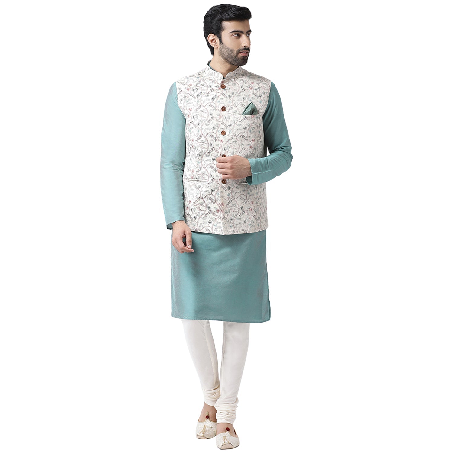 Kisah Men Off-White Printed Kurta Jacket Churidar Set 
