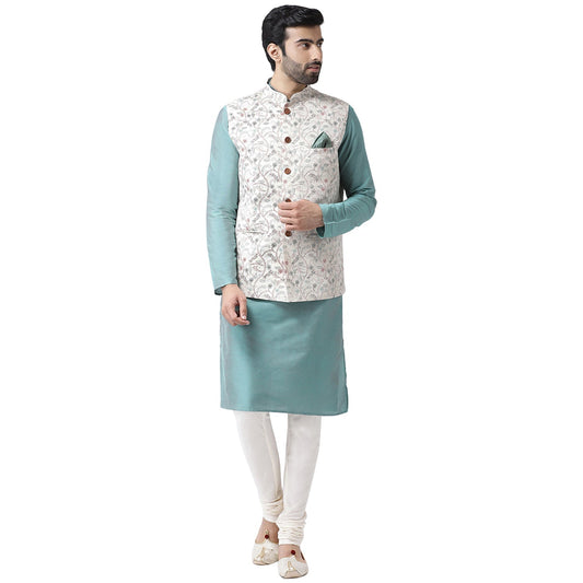 Kisah Men Off-White Printed Kurta Jacket Churidar Set 