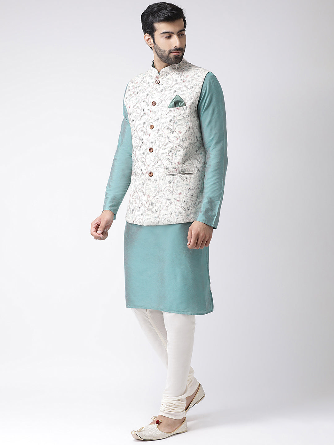 Kisah Men Off-White Printed Kurta Jacket Churidar Set 