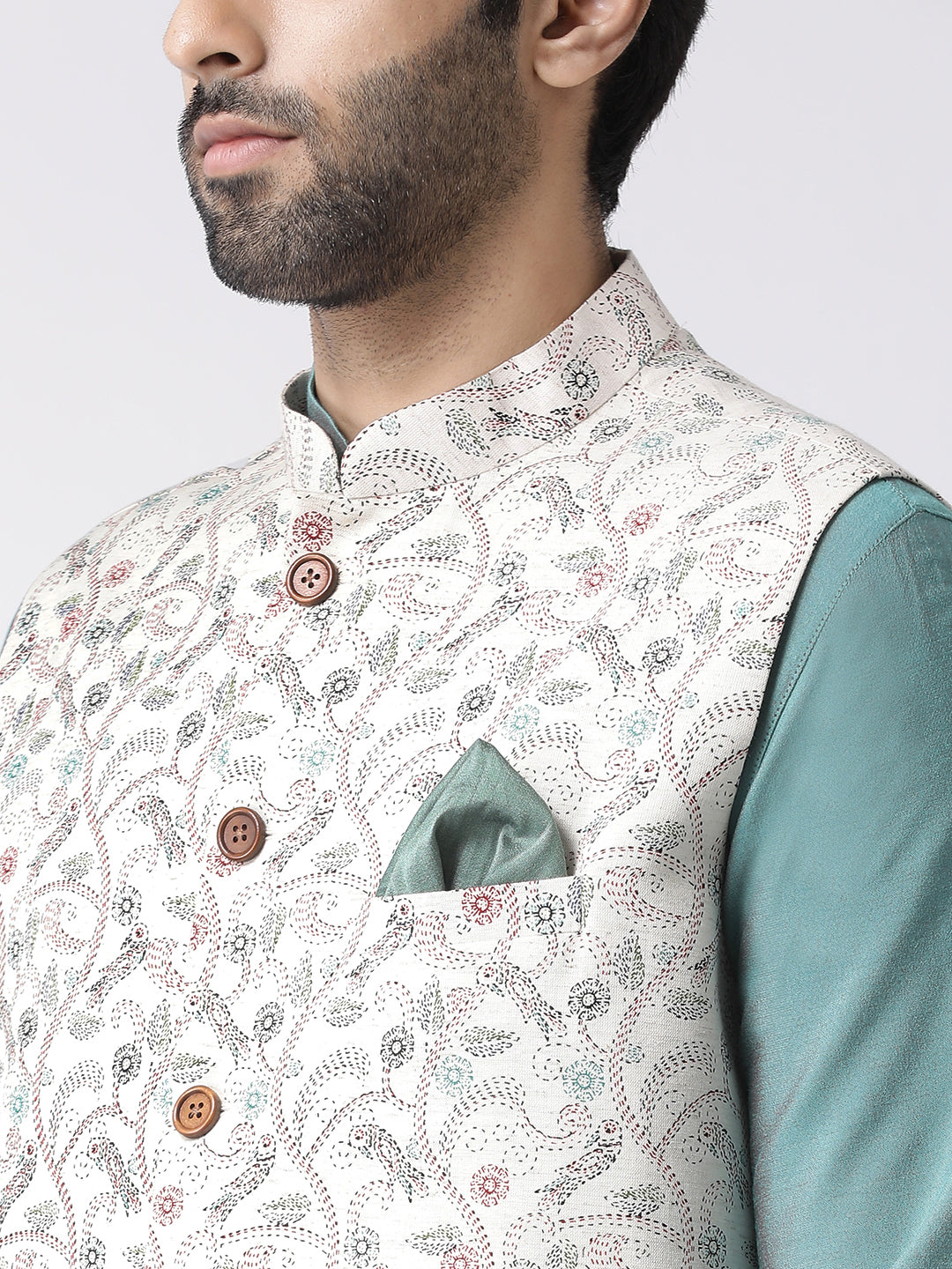 Kisah Men Off-White Printed Kurta Jacket Churidar Set 