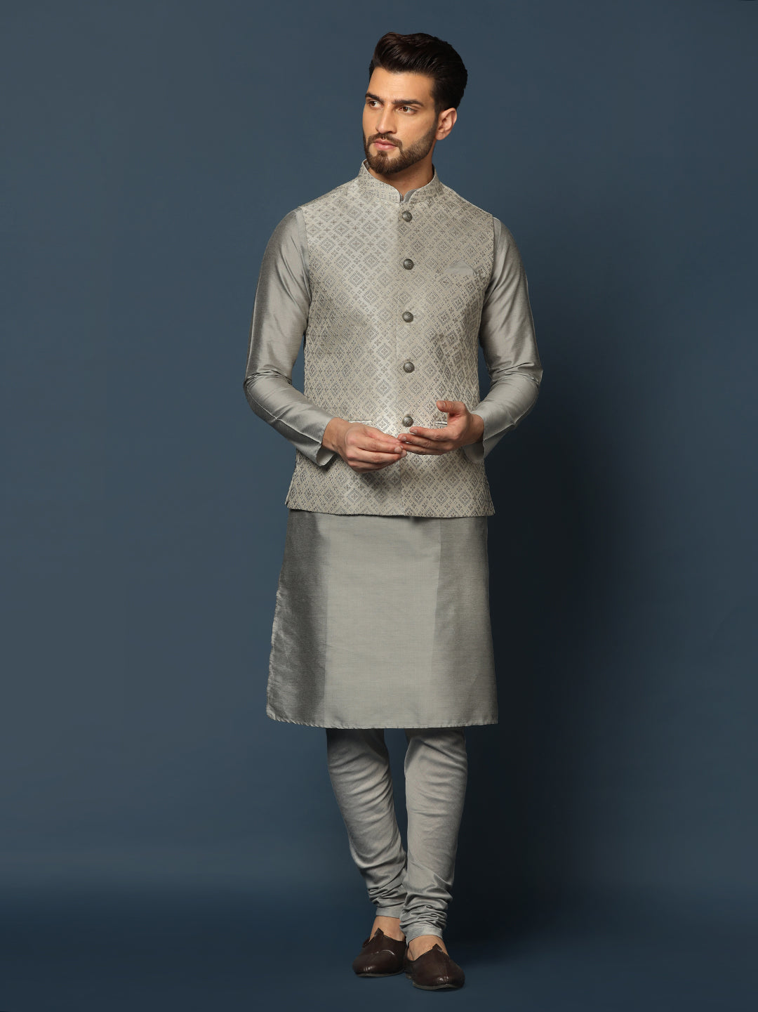 Kisah Men Grey Textured Kurta Jacket Churidar Set 