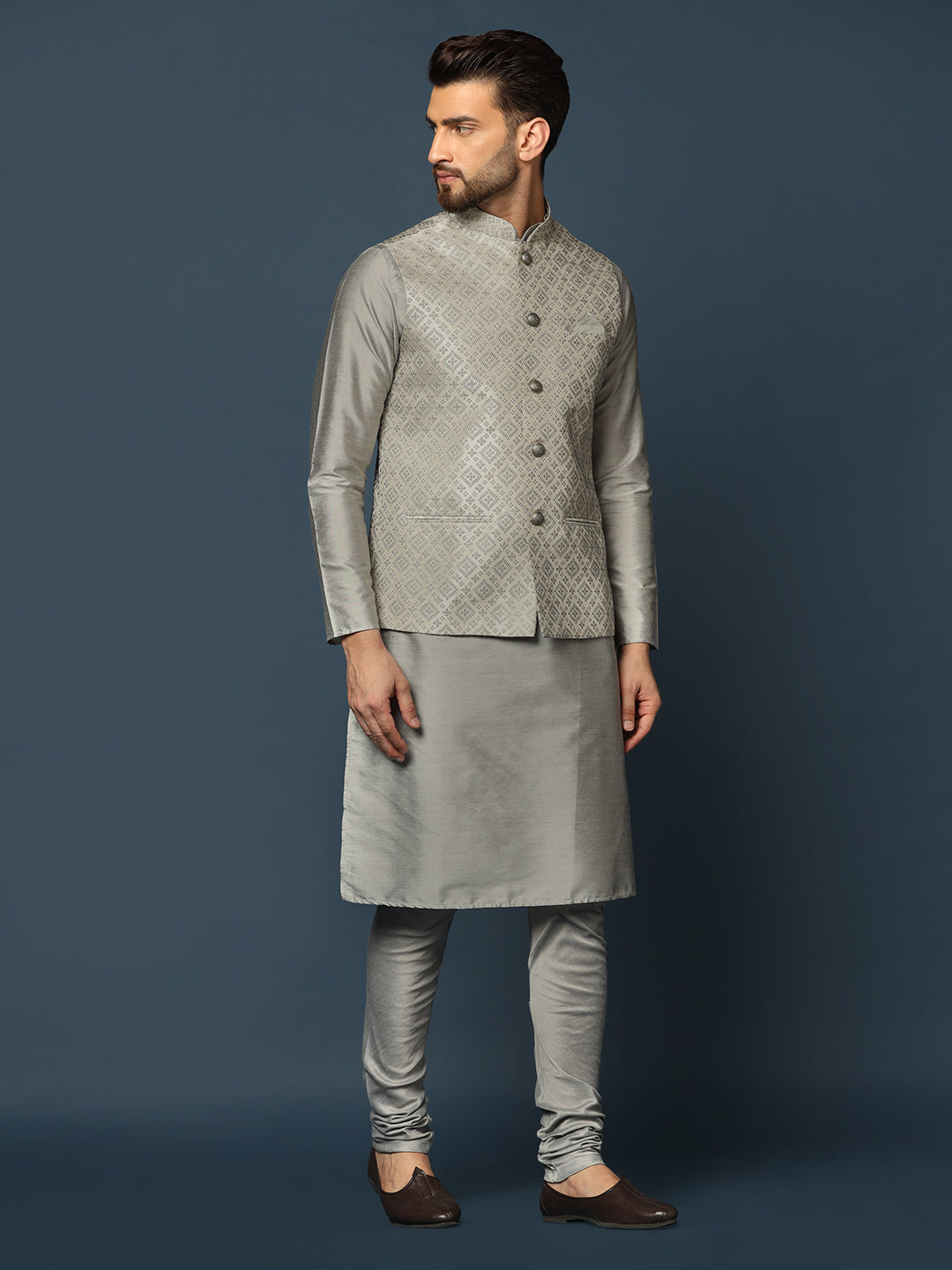 Kisah Men Grey Textured Kurta Jacket Churidar Set 