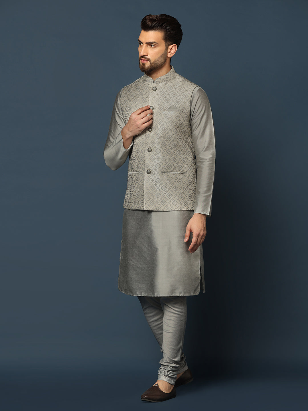 Kisah Men Grey Textured Kurta Jacket Churidar Set 