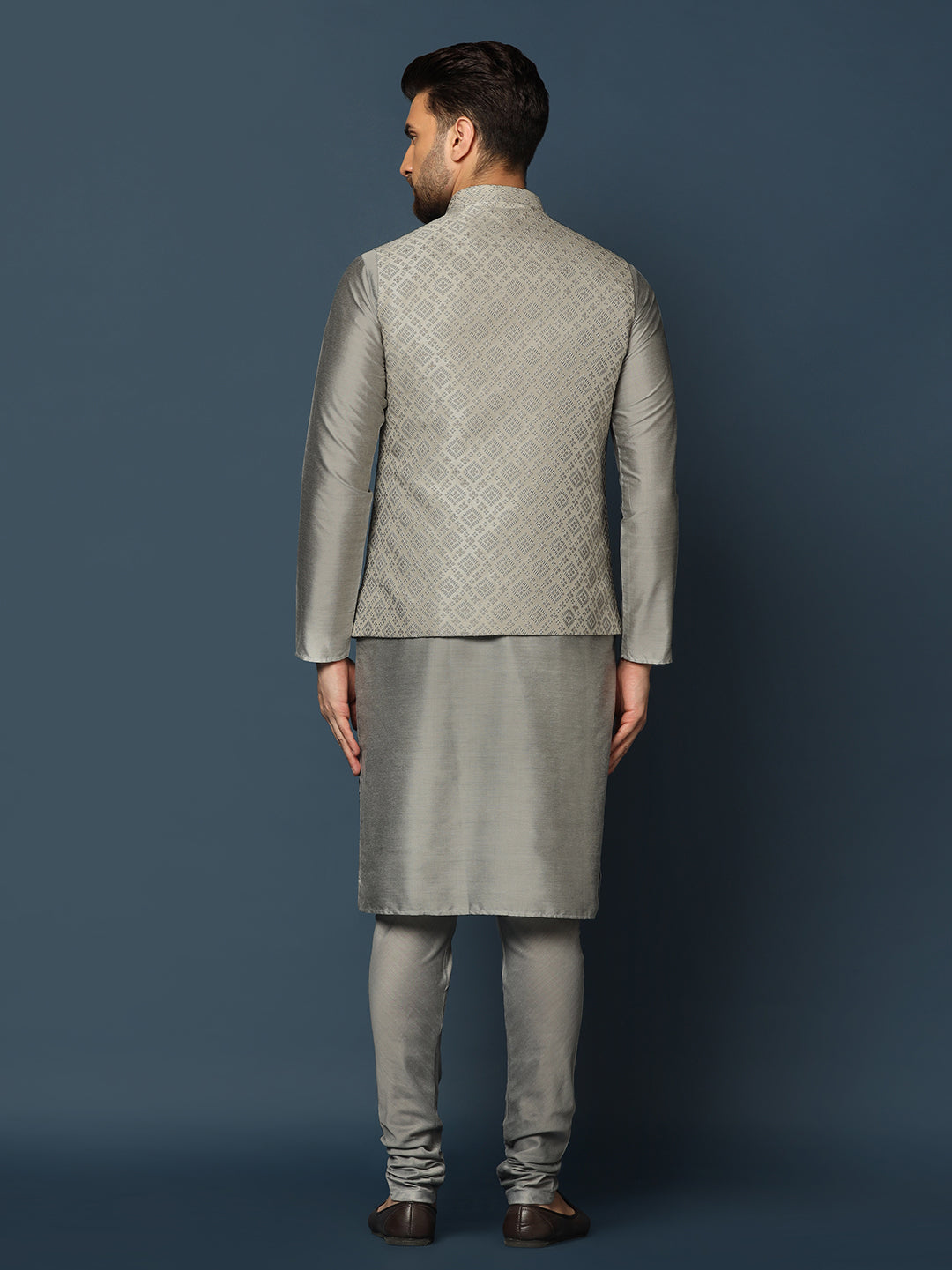 Kisah Men Grey Textured Kurta Jacket Churidar Set 