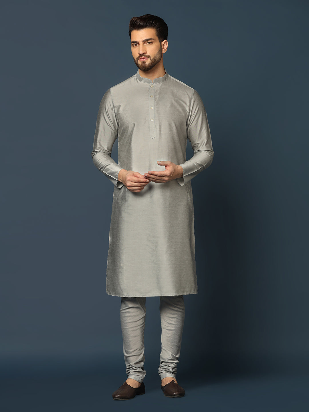 Kisah Men Grey Textured Kurta Jacket Churidar Set 