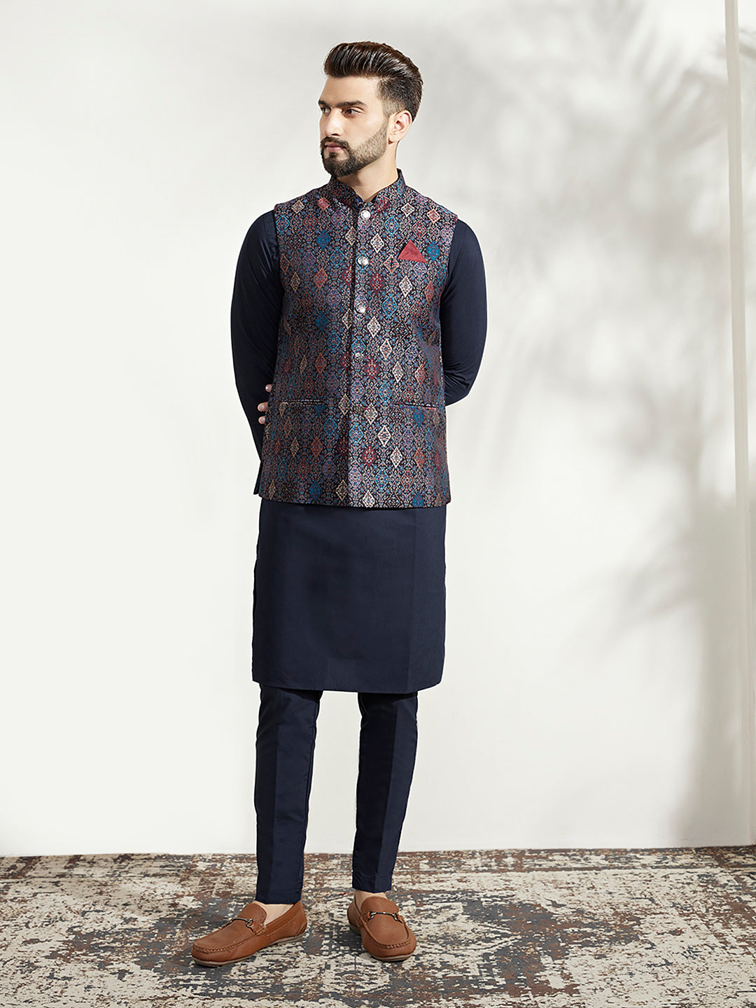 Kisah Men Multi Coloured Textured Kurta Jacket Trouser Set 