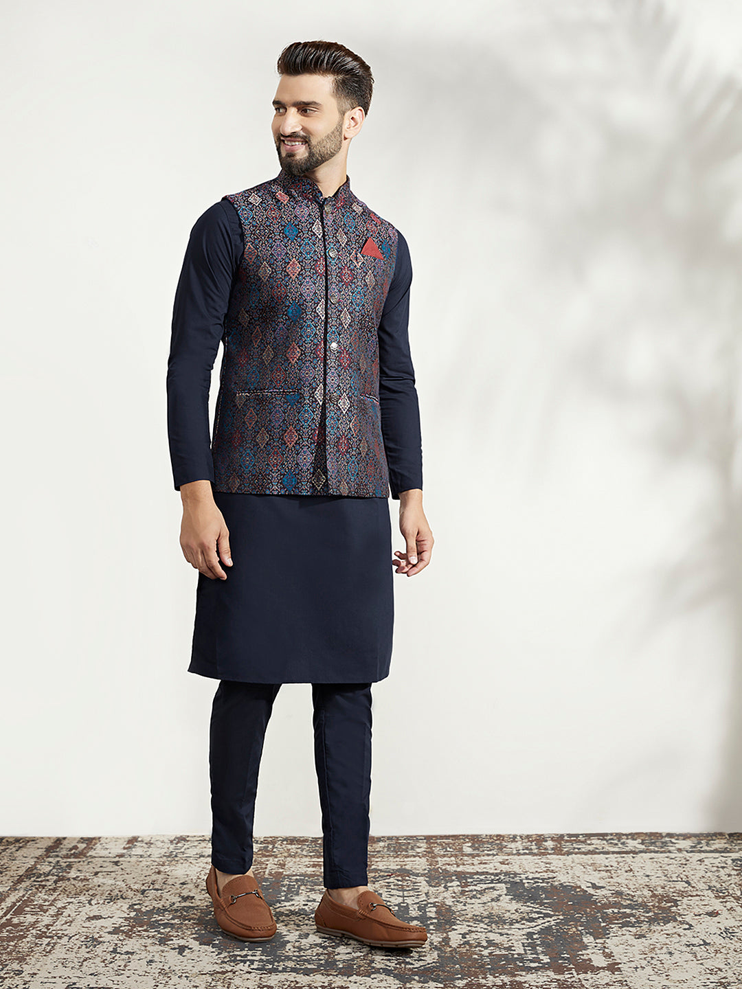 Kisah Men Multi Coloured Textured Kurta Jacket Trouser Set 