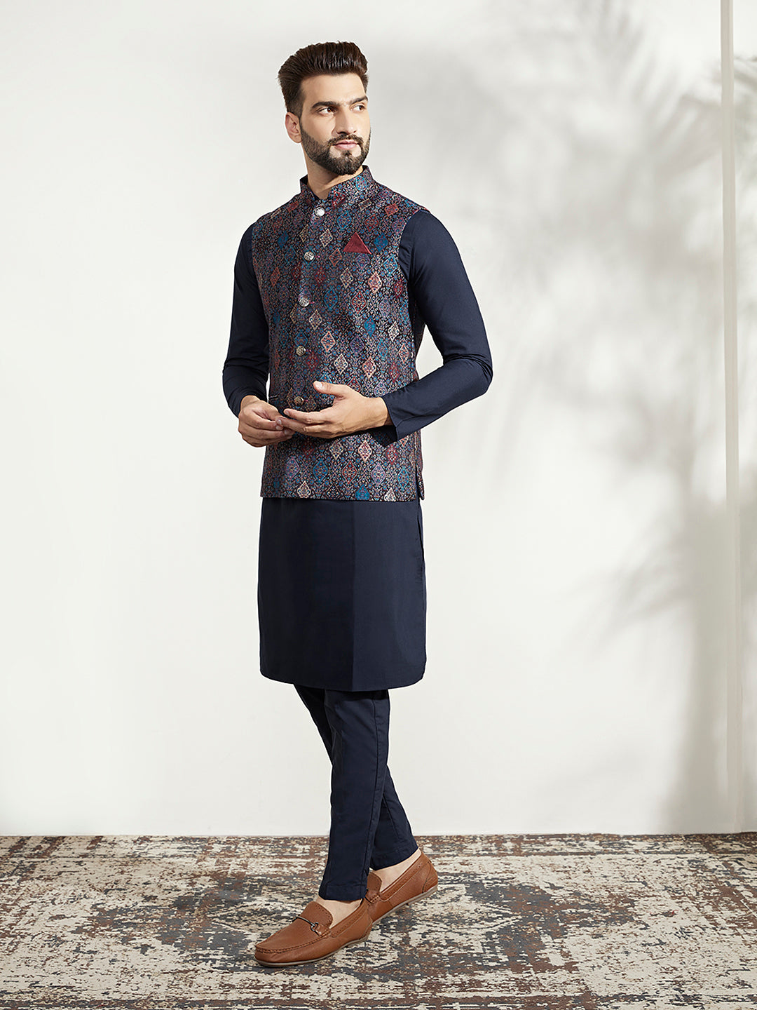 Kisah Men Multi Coloured Textured Kurta Jacket Trouser Set 