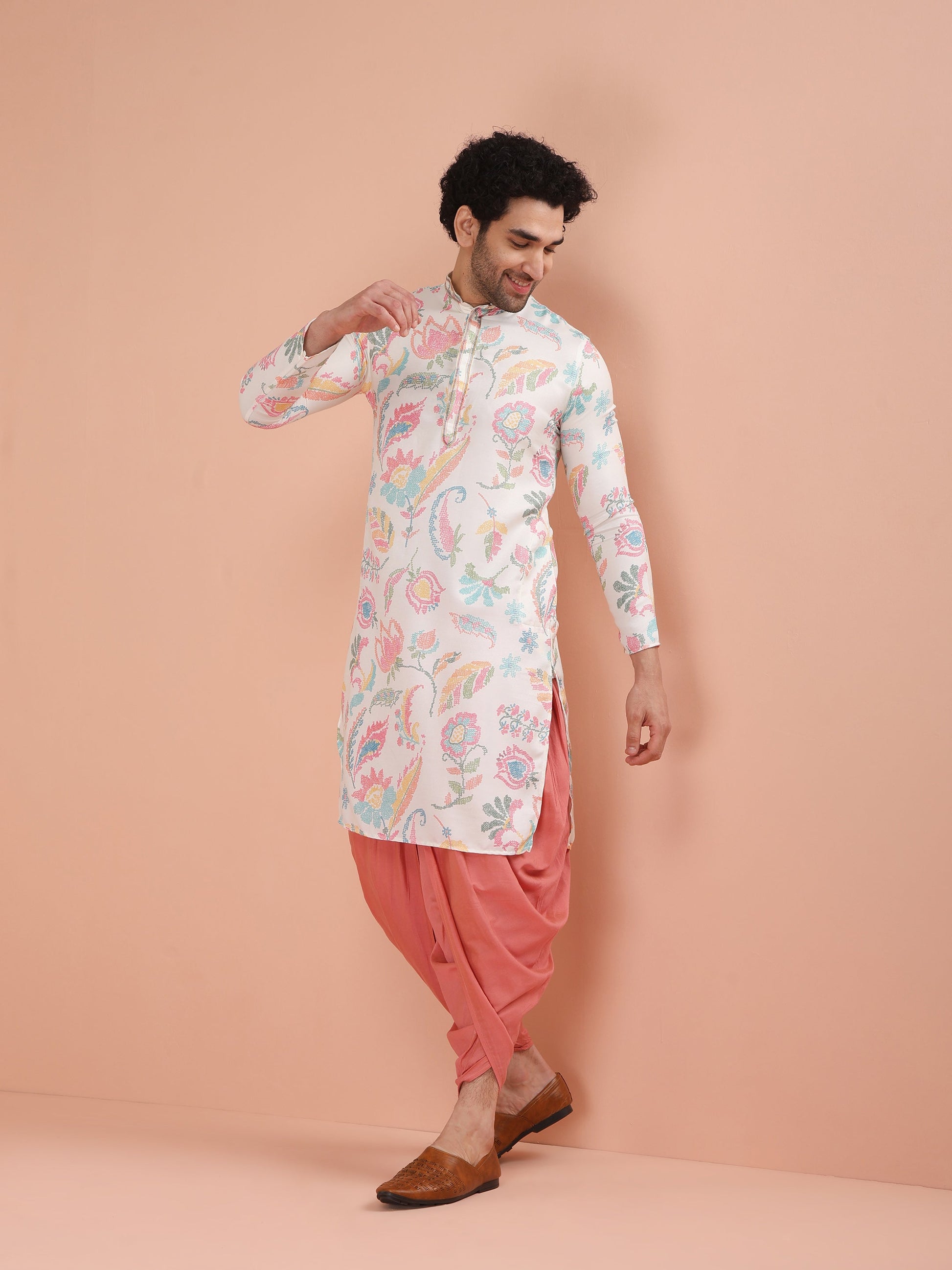 Kisah Men's Multi-Coloured Printed Kurta Dhoti Set 