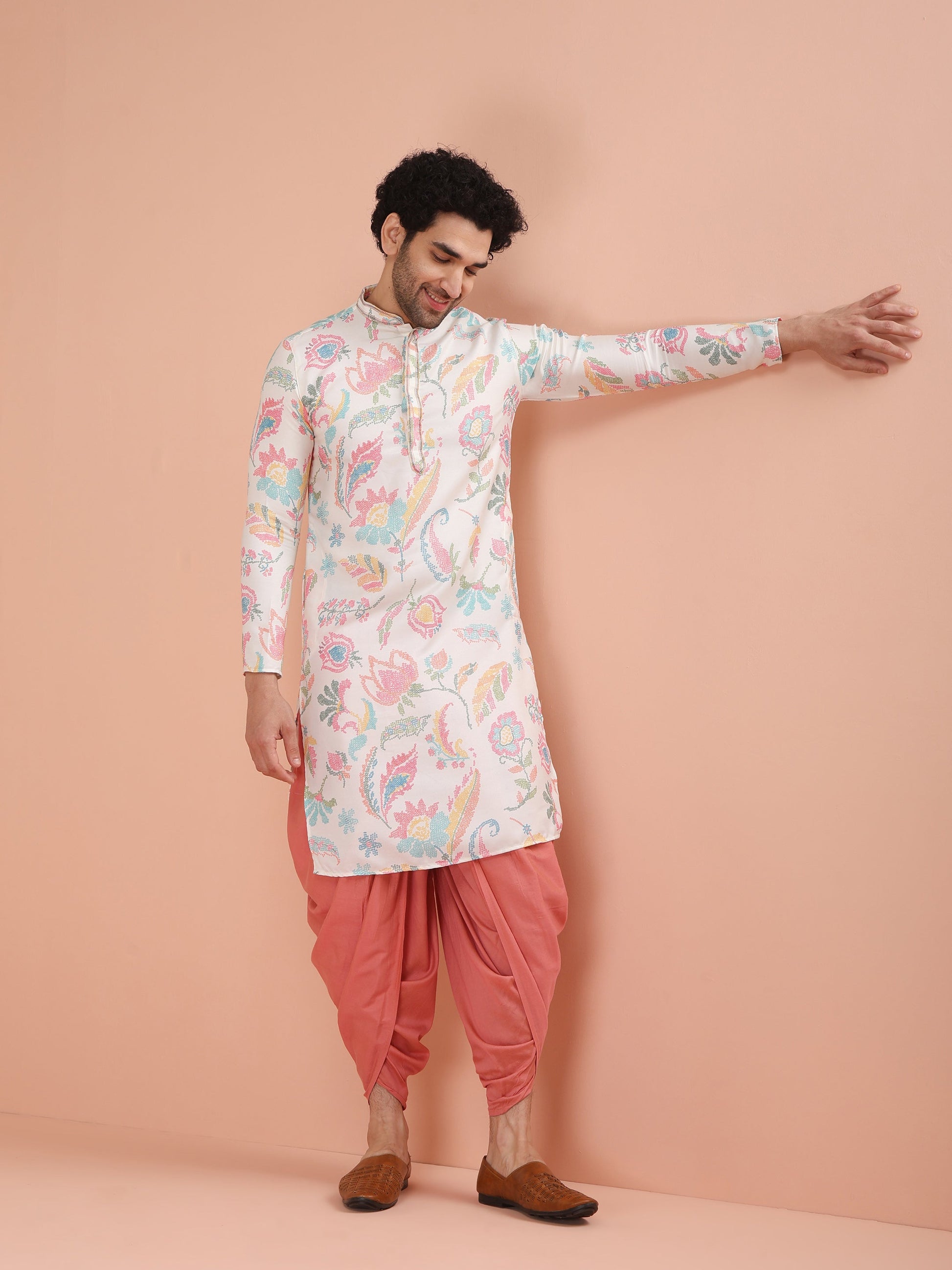 Kisah Men's Multi-Coloured Printed Kurta Dhoti Set 