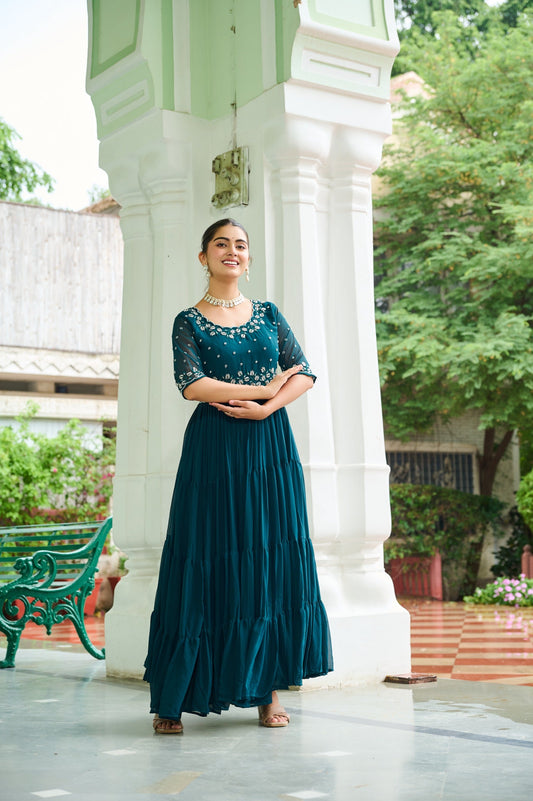 Prazu Fashion Rama Georgette Beads Embroidery-Work Designer Gown