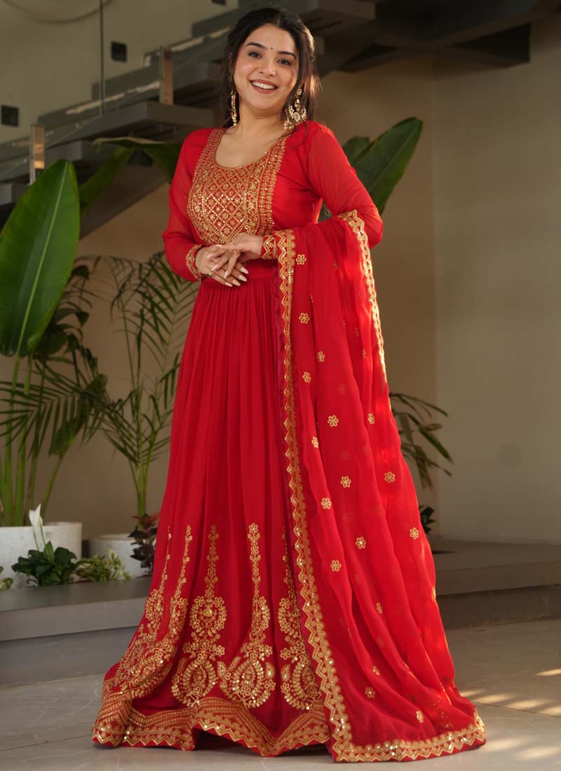 Prazu Fashion Red Georgette Embroidered Gown With Dupatta