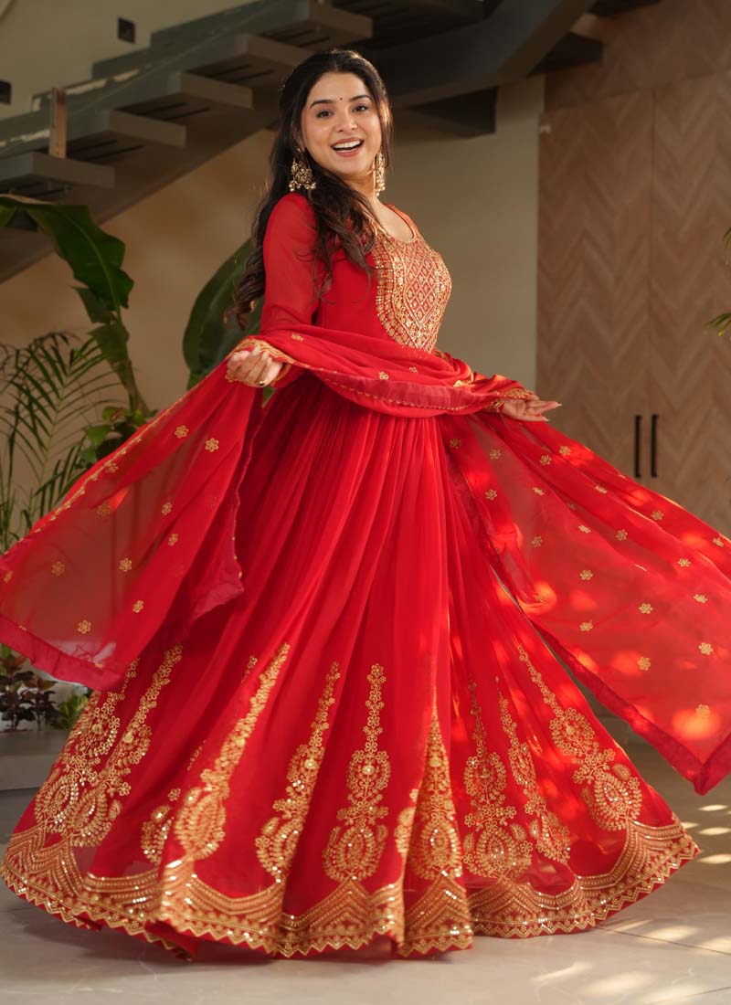 Prazu Fashion Red Georgette Embroidered Gown With Dupatta
