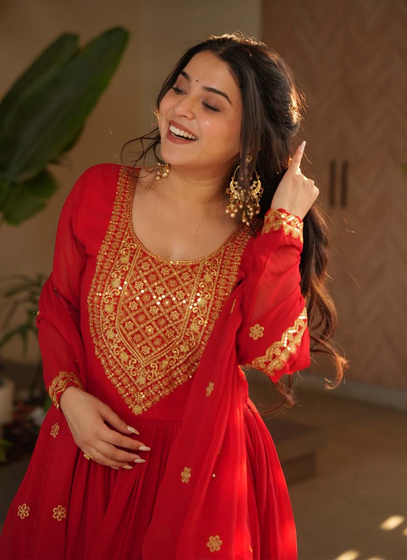 Prazu Fashion Red Georgette Embroidered Gown With Dupatta