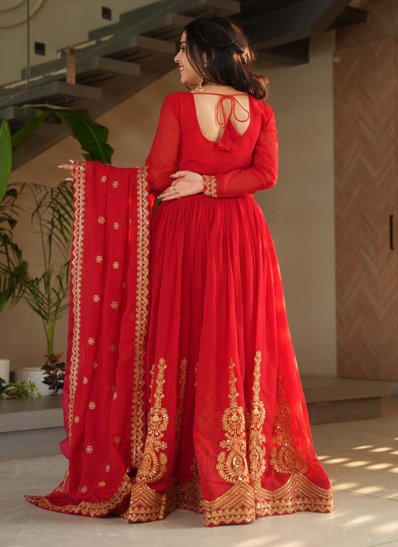 Prazu Fashion Red Georgette Embroidered Gown With Dupatta