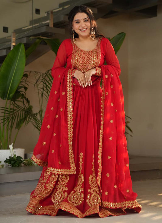 Prazu Fashion Red Georgette Embroidered Gown With Dupatta