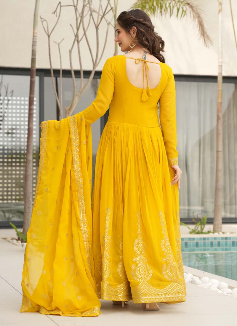 Prazu Fashion Yellow Georgette Embroidered Gown With Dupatta