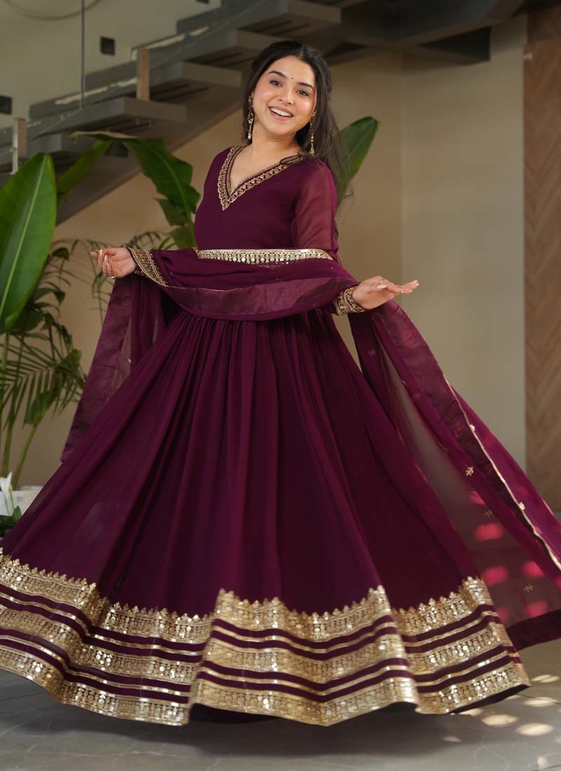 Prazu Fashion Wine Georgette Embroidered Sequence Gown With Dupatta