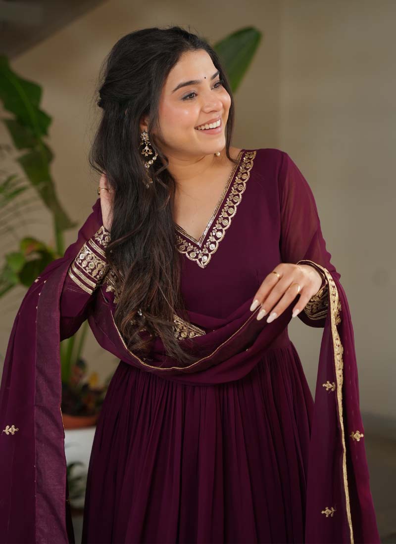 Prazu Fashion Wine Georgette Embroidered Sequence Gown With Dupatta